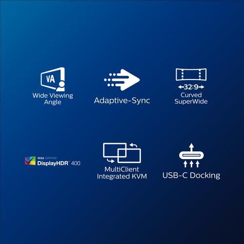 499P9H 49i CURVE VA LED DQHD 32/9 USB-C Docking 4 ms 5120 x 1440 USB-C -DP-2xHDM I-RJ45 & 4xUSB 3.1 Brightness 450 cd/m S Contrastratio