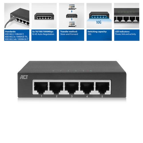 ACT 10/100/1000 Mbps network Switch 5 portsmetal housing