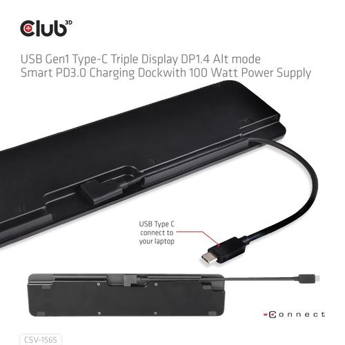 Club 3D USB Gen1 Type-C Triple Display DP1.4 Alt mode Smart PD3.0 Charging Dock with 100 Watt Power Supply