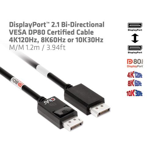 Club 3D DisplayPort 2.1 Bi-Directional VESA DP80 Certified Cable 4K120Hz 8K60Hz or 10K30Hz M/M 1.2m