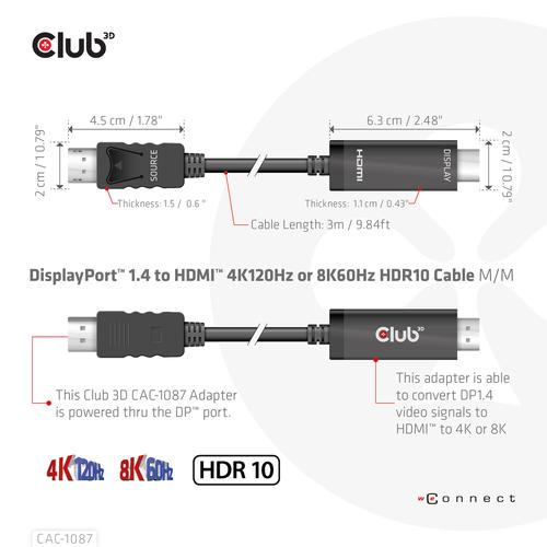 Club 3D DisplayPort 1.4 to HDMI 4K144Hz or 8K60Hz HDR10 cable 3m
