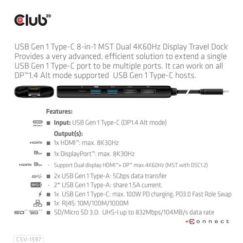 Club 3D USB Gen 1 Type-C 8-in-1 MST Dual 4K60HzDisplay Travel Dock