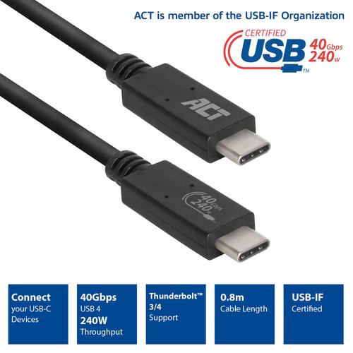 ACT USB-C Connection Cable USB 4 40Gbps 240W Thunderbolt 4 Official USB-IF Certified 0.8 Meter