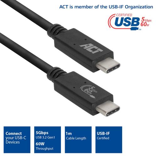 ACT USB-C Connection Cable USB 3.2 Gen1 (5Gbps) 60W Official USB-IF Certified 1.0 Meter