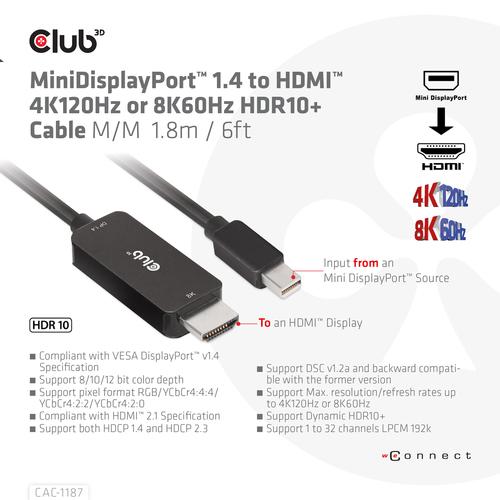Club 3D MiniDisplayPort 1.4 to HDMI 4K120Hz or 8K60Hz HDR10+ Cable M/M 1.8m