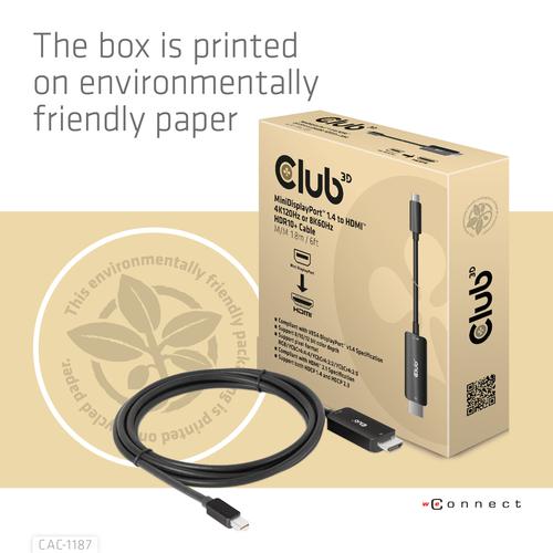 Club 3D MiniDisplayPort 1.4 to HDMI 4K120Hz or 8K60Hz HDR10+ Cable M/M 1.8m