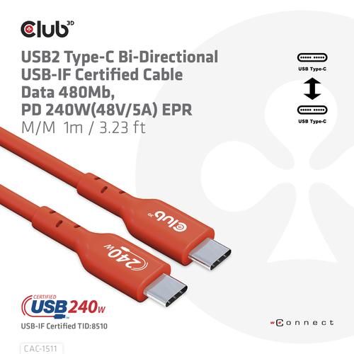Club 3D USB2 Type-C Bi-Directional USB-IF Certified Cable Data 480Mb PD 240W(48V/5A) EPR M/M 1m