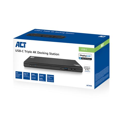 ACT Docking DisplayLink 4K @60Hz USB-C - 3 x HDMI / 2 x DisplayPort / Gigabit Ethernet / 5 x USB-A 3.2 / 2 x USB-C / Audio in-out 135W power supply included