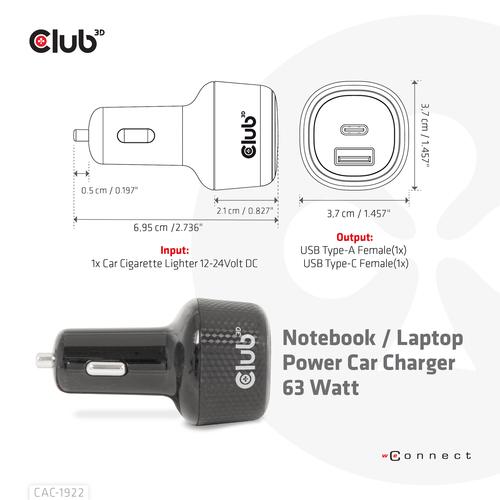 Club 3D Notebook / Laptop Power Car Charger 63 Watt/ 1USB A + 1USB C