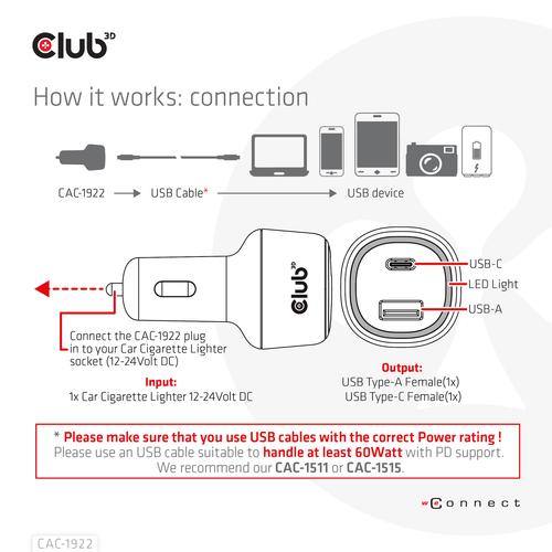 Club 3D Notebook / Laptop Power Car Charger 63 Watt/ 1USB A + 1USB C