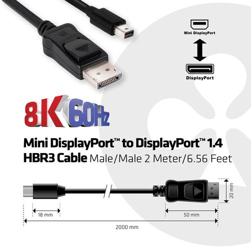 Club 3D MINI DISPLAY PORT 1.4 MALE TO DISPLAYPORT 1.4 MALE CABLE 2METER