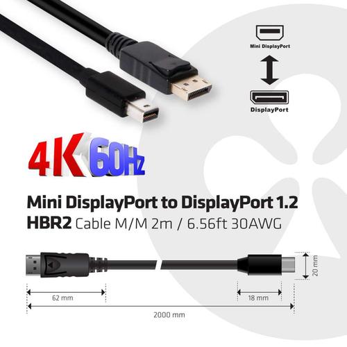 Club 3D Mini DisplayPort to DisplayPort 1.2 HBR2 Cable M/M 2meter 4K60Hz .Poly Bag