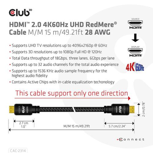 Club 3D HDMI 2.0 4K60Hz RedMere cable 15m/49.2ft