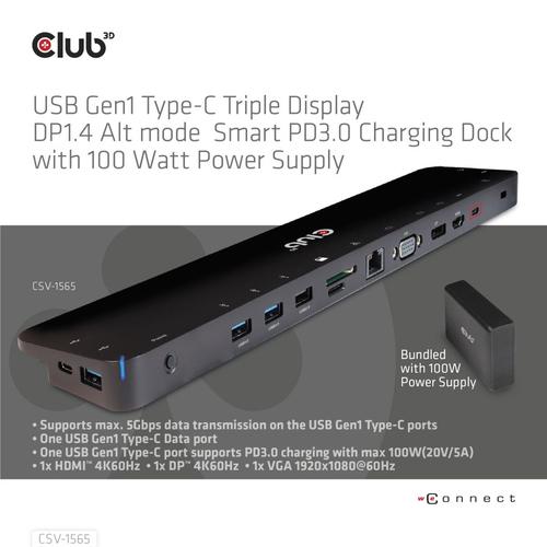Club 3D USB Gen1 Type-C Triple Display DP1.4 Alt mode Smart PD3.0 Charging Dock with 100 Watt Power Supply