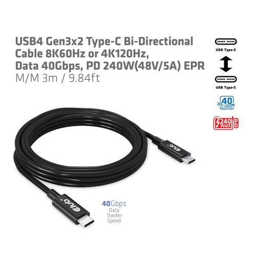 Club 3D USB4 Gen3x2 Type-C Bi-Directional Cable8K60Hz or 4K120Hz Data 40Gbps PD 240W(48V/5A) EPR M/M 3m