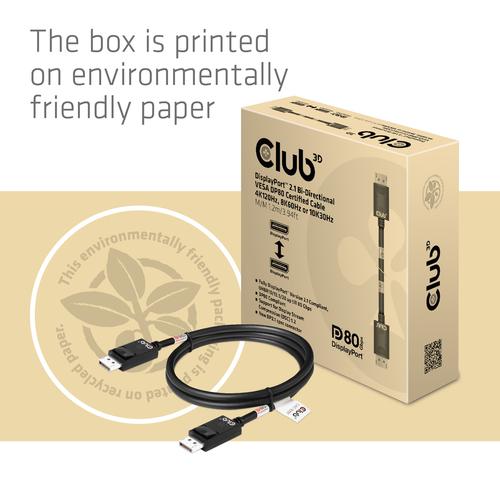 Club 3D DisplayPort 2.1 Bi-Directional VESA DP80 Certified Cable 4K120Hz 8K60Hz or 10K30Hz M/M 1.2m