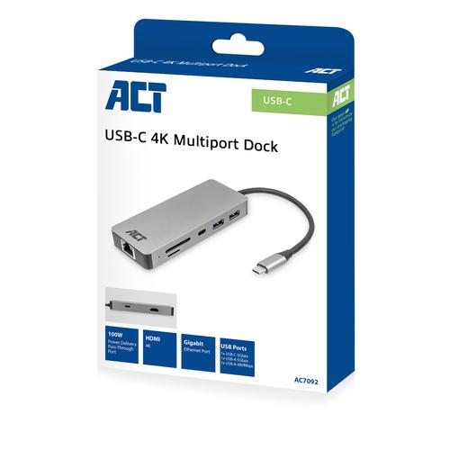 ACT USB-C 4K docking station for 1 HDMI monitor Ethernet USB-C USB-A card reader and PD pass-through