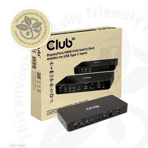 Club 3D DisplayPort/HDMI KVM Switch/Dock 4K60Hzfor USB Type-C inputs