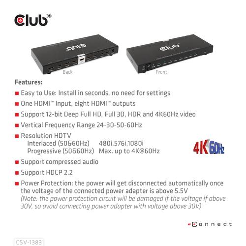 Club 3D 1 to 8 HDMI Splitter Full 3D and 4K60Hz