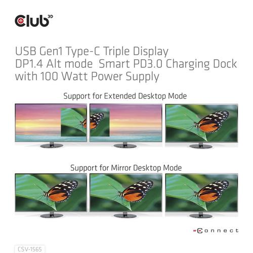 Club 3D USB Gen1 Type-C Triple Display DP1.4 Alt mode Smart PD3.0 Charging Dock with 100 Watt Power Supply