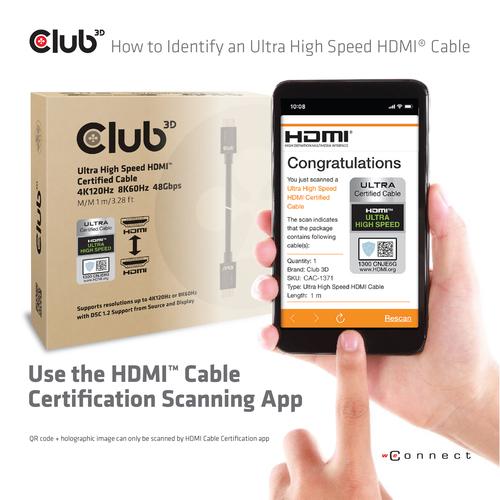 Club 3D HDMI 2.1 Ultra High Speed 10K 120Hz 1Meter M/M