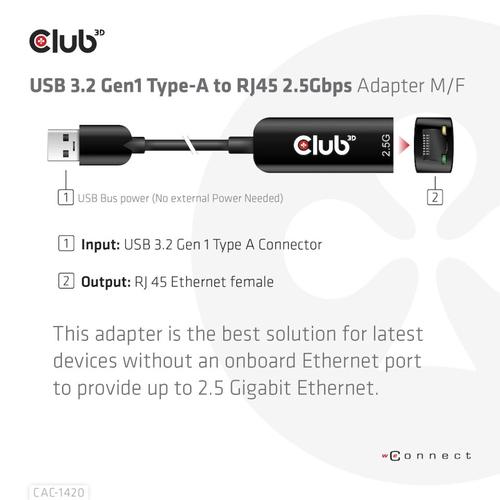 Club 3D USB TYPE A 3.1 GEN 1 TO RJ45 2.5GB ETHERNET ADAPTER