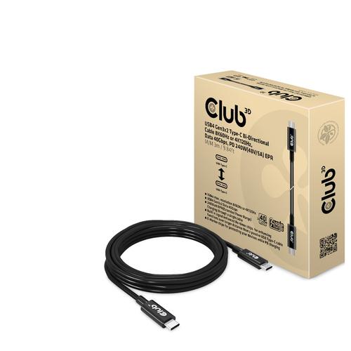 Club 3D USB4 Gen3x2 Type-C Bi-Directional Cable8K60Hz or 4K120Hz Data 40Gbps PD 240W(48V/5A) EPR M/M 3m