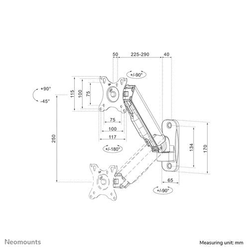 Neomounts Neomounts wall mounted gas spring monitor arm (2 pivots VESA 100x100)