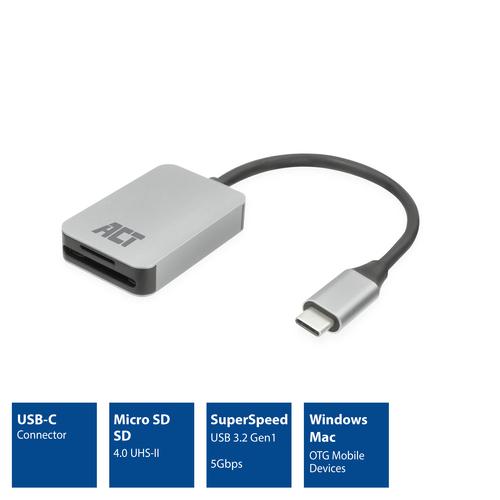 ACT USB-C card reader for SD and micro SD SD 4.0 UHS-II