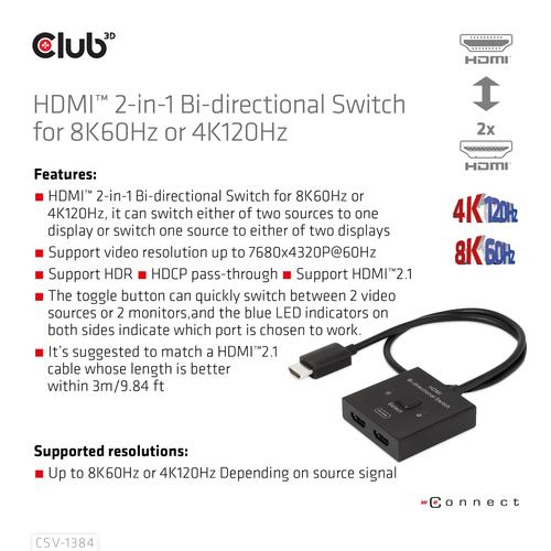 Club 3D HDMI 2-in-1 Bi-directional Switch for 8K60Hz or 4K120Hz