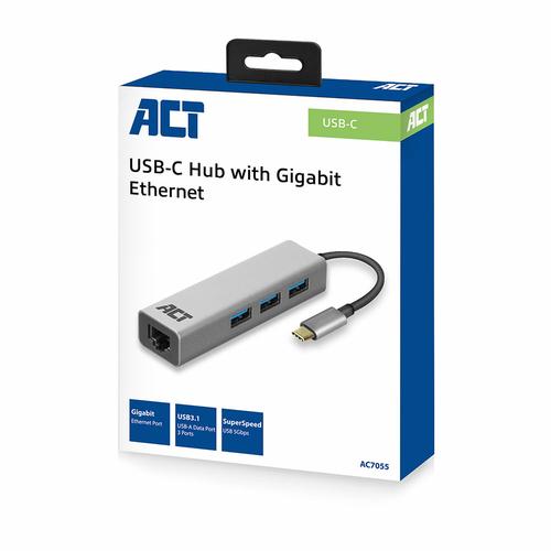 ACT USB-C to USB-A Hub 3 ports with GigabitEthernet metal housing
