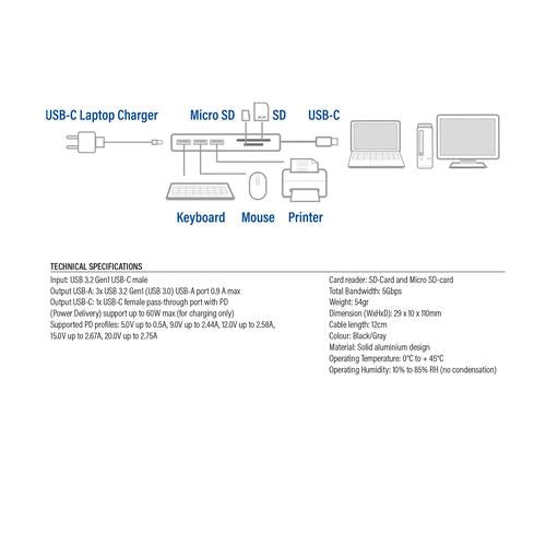 ACT USB-C to USB-A Hub 3 ports with card-reader and PD Pass-through metal housing