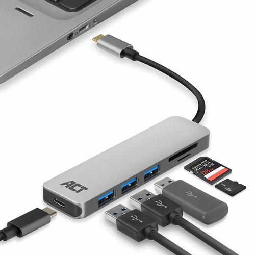 ACT USB-C to USB-A Hub 3 ports with card-reader and PD Pass-through metal housing