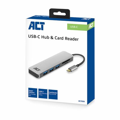ACT USB-C to USB-A Hub 3 ports with card-reader and PD Pass-through metal housing