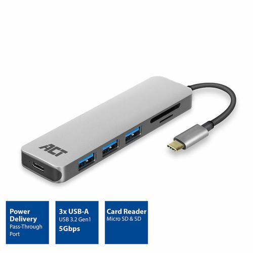 ACT USB-C to USB-A Hub 3 ports with card-reader and PD Pass-through metal housing