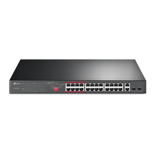 TP-Link 26-Port 10/100Mbps PoE+ Switch 24 10/100Mbps PoE+ Ports 2 Gigabit RJ45 Ports 2 Combo SFP Slots 802.3at/af 250W PoE Power 1U 19-inch Rack-mountable