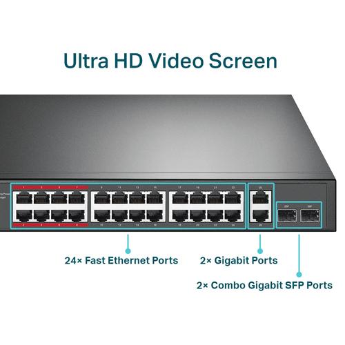 TP-Link 26-Port 10/100Mbps PoE+ Switch 24 10/100Mbps PoE+ Ports 2 Gigabit RJ45 Ports 2 Combo SFP Slots 802.3at/af 250W PoE Power 1U 19-inch Rack-mountable