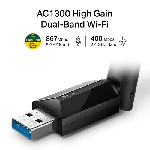 TP-Link AC1300 High Gain Wi-Fi Dual Band USB Adapter 867Mbps at 5GHz + 400Mbps at 2.4GHz USB 3.0 1xHigh Gain External Antenna MU-MIMO