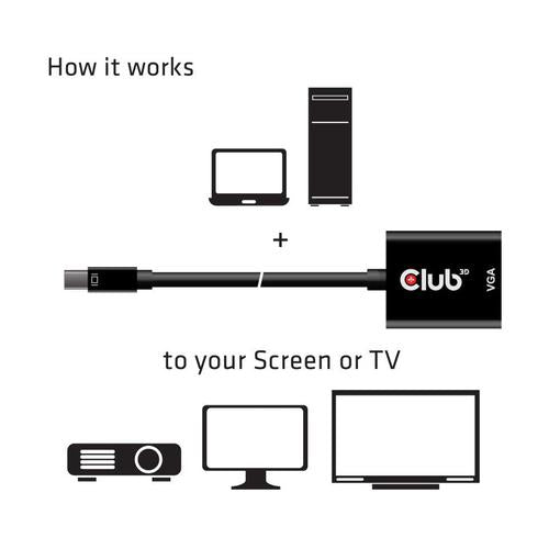 Club 3D MINI DISPLAY PORT 1.1A MALE TO VGA FEMALE ACTIVE ADAPTER BLACK