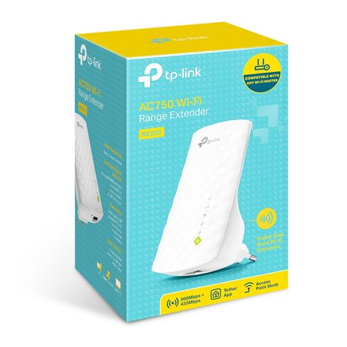TP-Link RE200 AC750 Dual Band Wireless Wall Plugged Range Extender 433Mbps 5GHz + 300Mbps 2.4GHz 802.11ac/a/b/g/n Ranger Extender button/mode internal Antennas