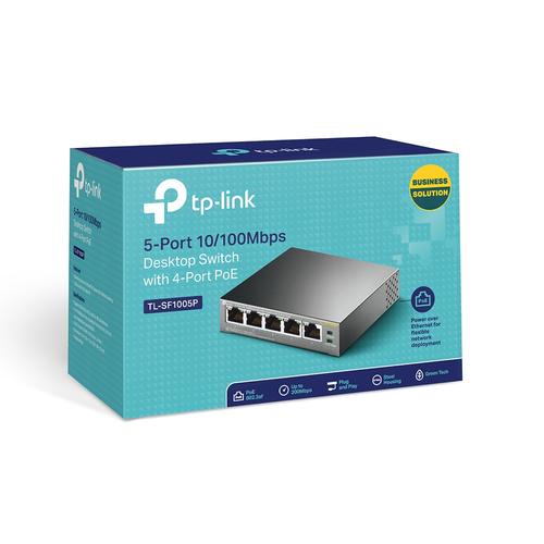 TP-Link 5-Port 10/100Mbps Desktop Switch with 4-Port PoE 5 10/100Mbps RJ45 ports including 4 PoE ports 58W PoE Power supply steel case