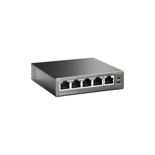 TP-Link 5-Port 10/100Mbps Desktop Switch with 4-Port PoE 5 10/100Mbps RJ45 ports including 4 PoE ports 58W PoE Power supply steel case