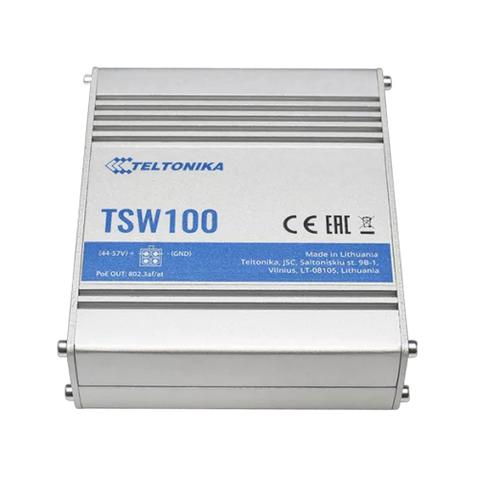 Teltonika TSW100 is an unmanaged Gigabit Ethernetswitch supporting Power-over-Ethernet. it centralizes the power supply providing up to 30 watts per port.