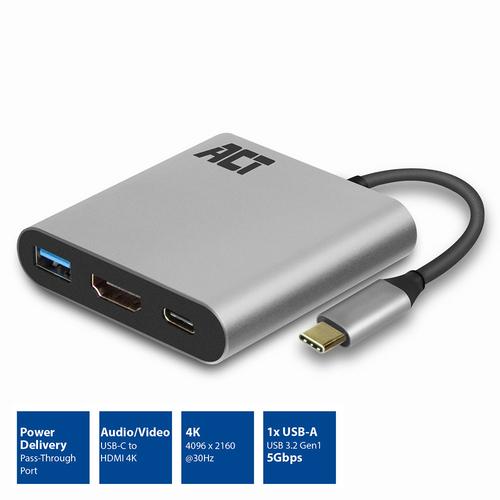 ACT Converter USB-C - HDMI / USB-A / PD Pass-through 0.15 Meter metal housing