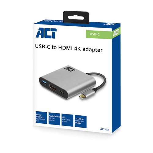 ACT Converter USB-C - HDMI / USB-A / PD Pass-through 0.15 Meter metal housing
