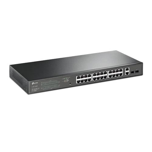 TP-Link 28-Port Gigabit Easy Smart Switch with 24-Port PoE+ PORT: 24x Gigabit PoE+ Ports 2x Gigabit Non-PoE Ports 2x Gigabit SFP Slots SPEC: 802.3at/af 250 W
