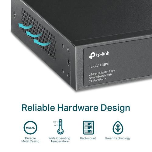 TP-Link 28-Port Gigabit Easy Smart Switch with 24-Port PoE+ PORT: 24x Gigabit PoE+ Ports 2x Gigabit Non-PoE Ports 2x Gigabit SFP Slots SPEC: 802.3at/af 250 W
