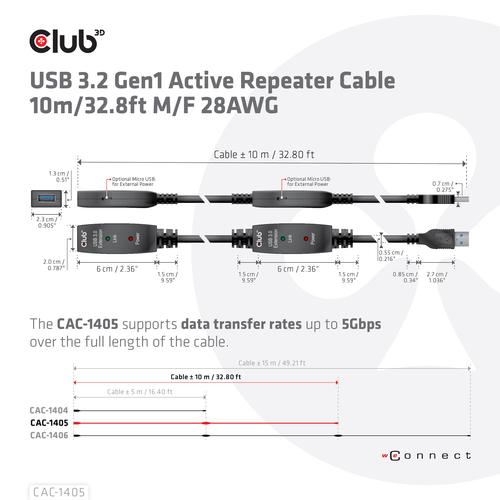 Club 3D USB TYPE A GEN 1 ACTIVE REPEATER CABLE 10METER / 32.8FT SUPPORTS UP TO 5Gbps