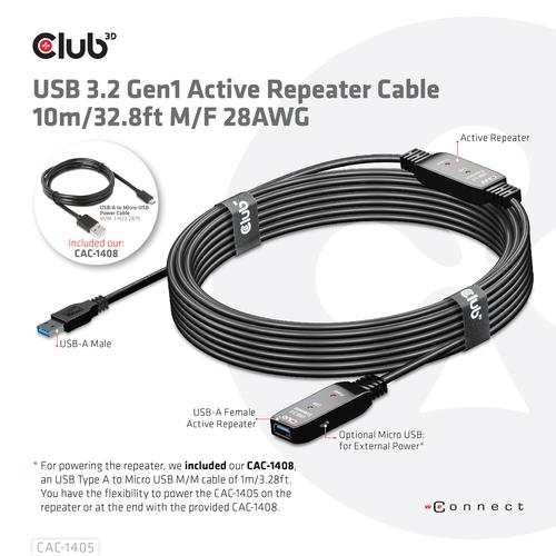 Club 3D USB TYPE A GEN 1 ACTIVE REPEATER CABLE 10METER / 32.8FT SUPPORTS UP TO 5Gbps