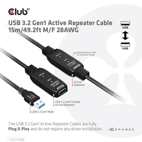 Club 3D USB TYPE A GEN 1 ACTIVE REPEATER CABLE 15METER / 49.2FT SUPPORTS UP TO 5Gbps